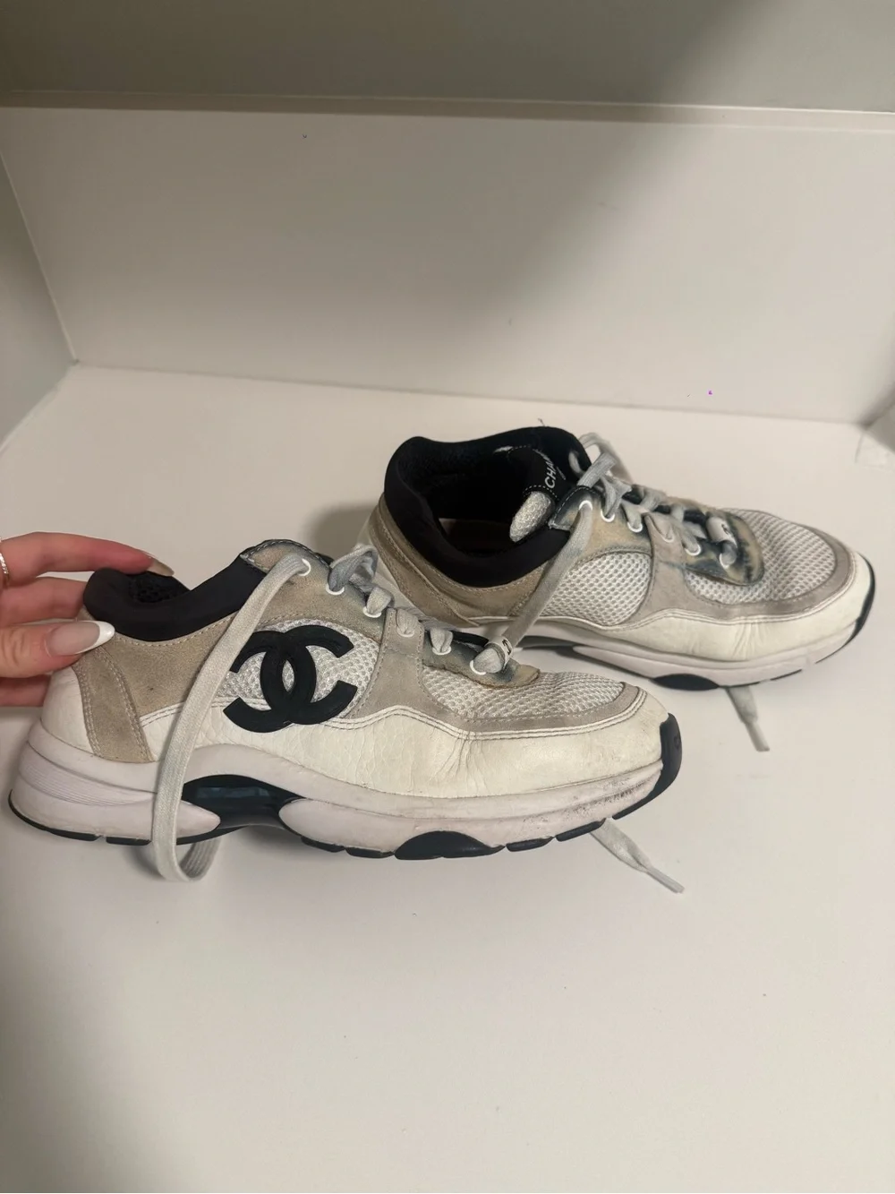 CHANEL White and Black Logo Women's Sneakers SIZE 38